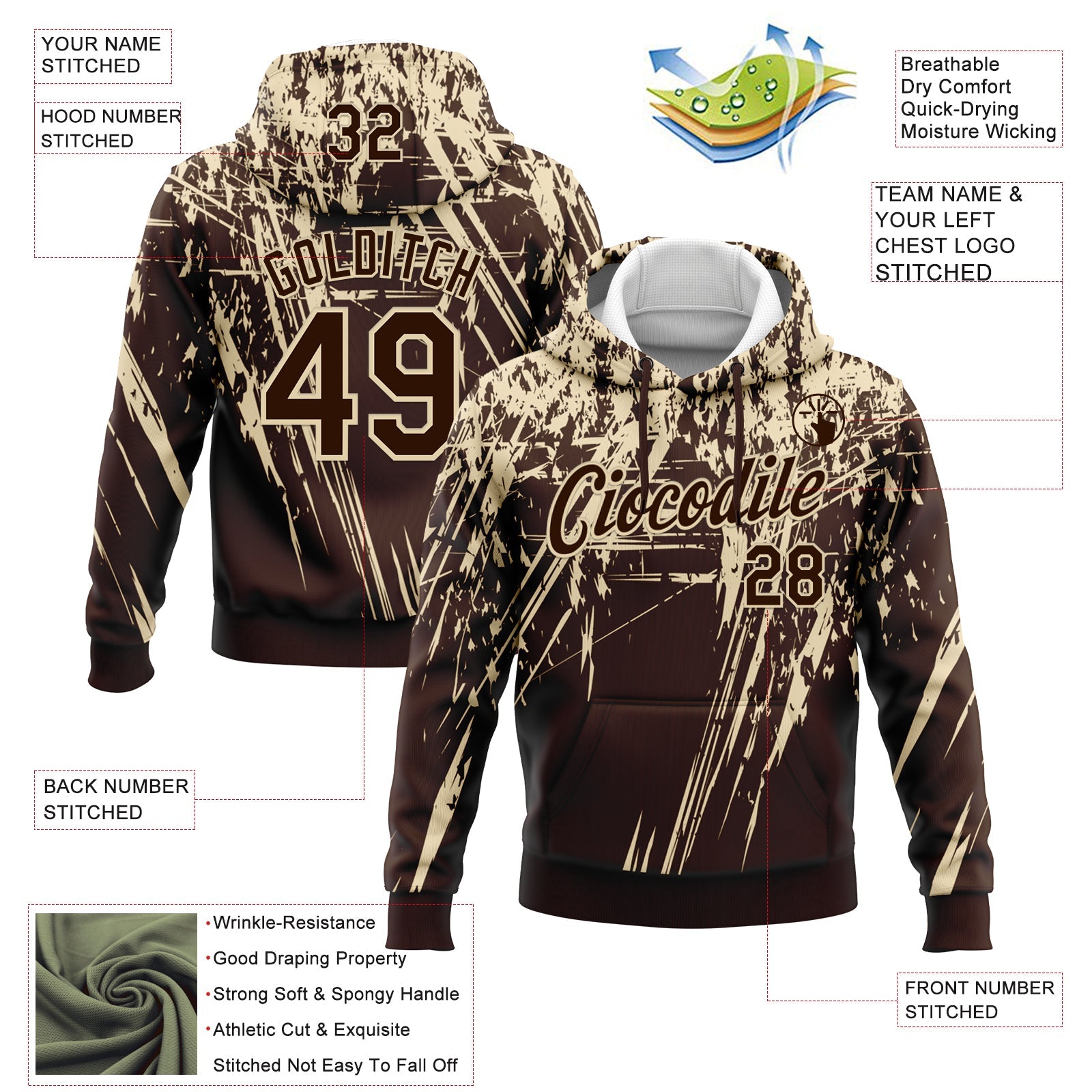 Custom Stitched Brown Cream 3D Pattern Design Splash Grunge Art Sports Pullover Sweatshirt Hoodie
