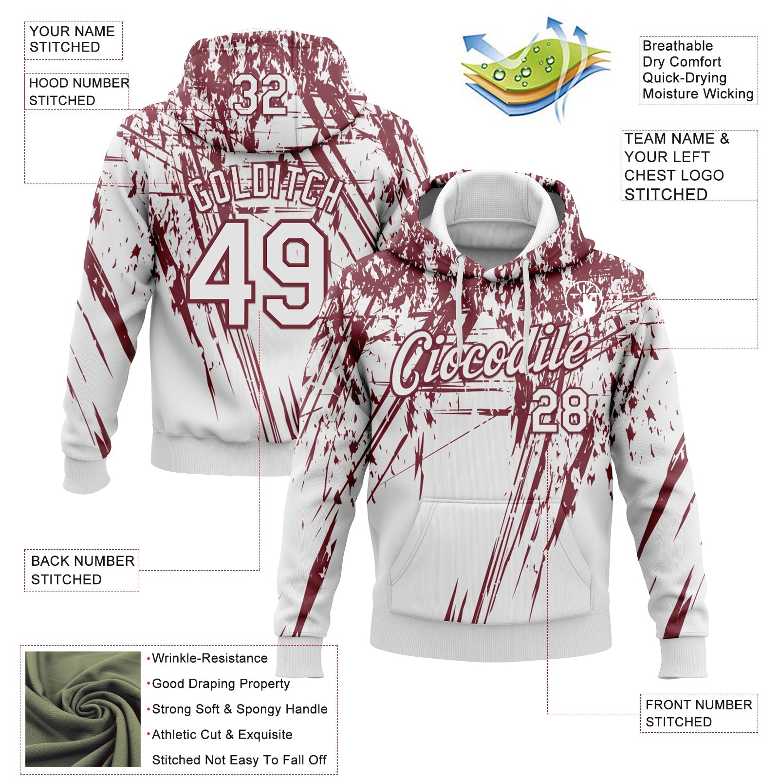 Custom Stitched White Burgundy 3D Pattern Design Splash Grunge Art Sports Pullover Sweatshirt Hoodie