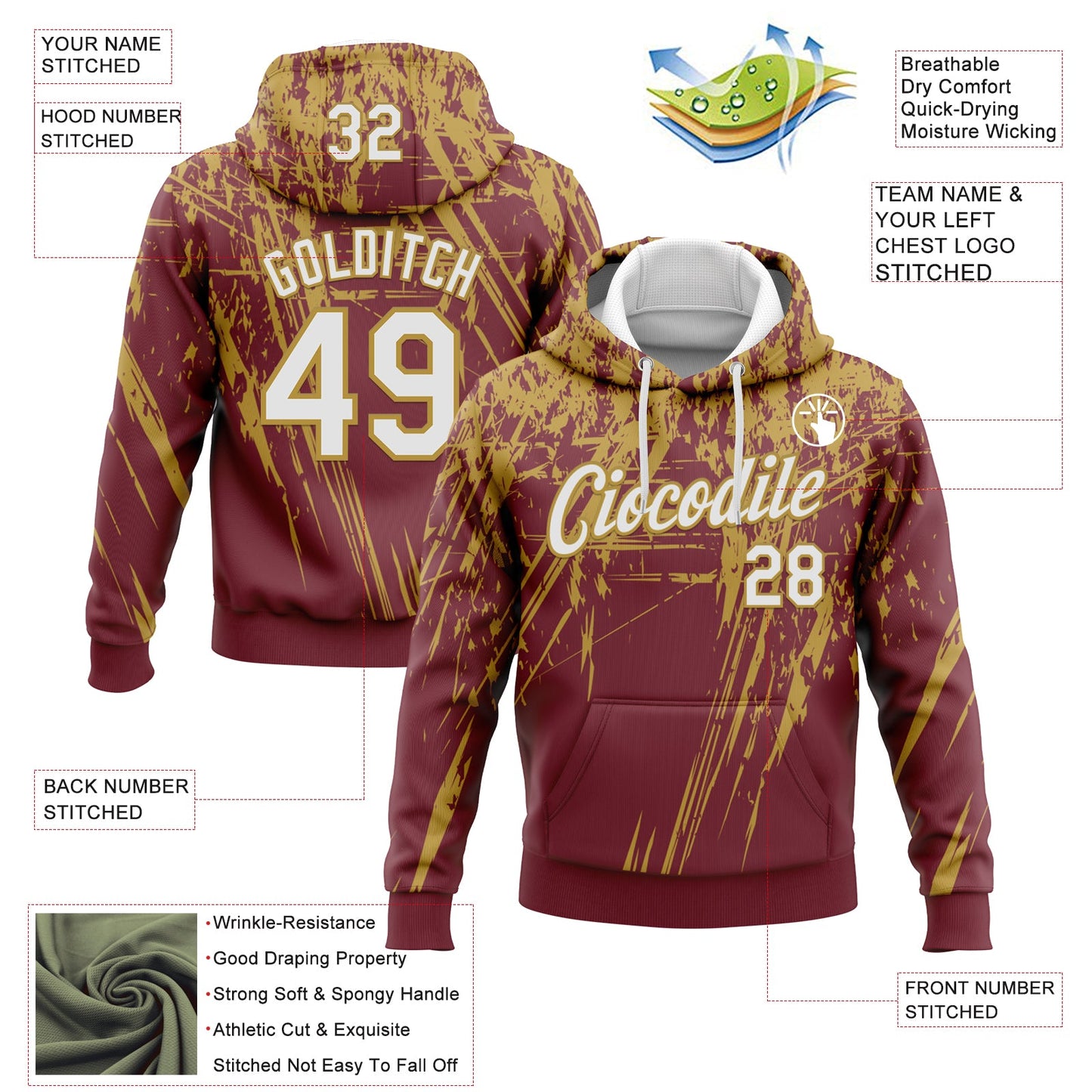 Custom Stitched Burgundy White-Old Gold 3D Pattern Design Splash Grunge Art Sports Pullover Sweatshirt Hoodie