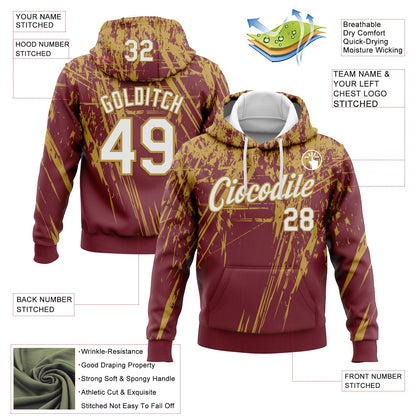 Custom Stitched Burgundy White-Old Gold 3D Pattern Design Splash Grunge Art Sports Pullover Sweatshirt Hoodie