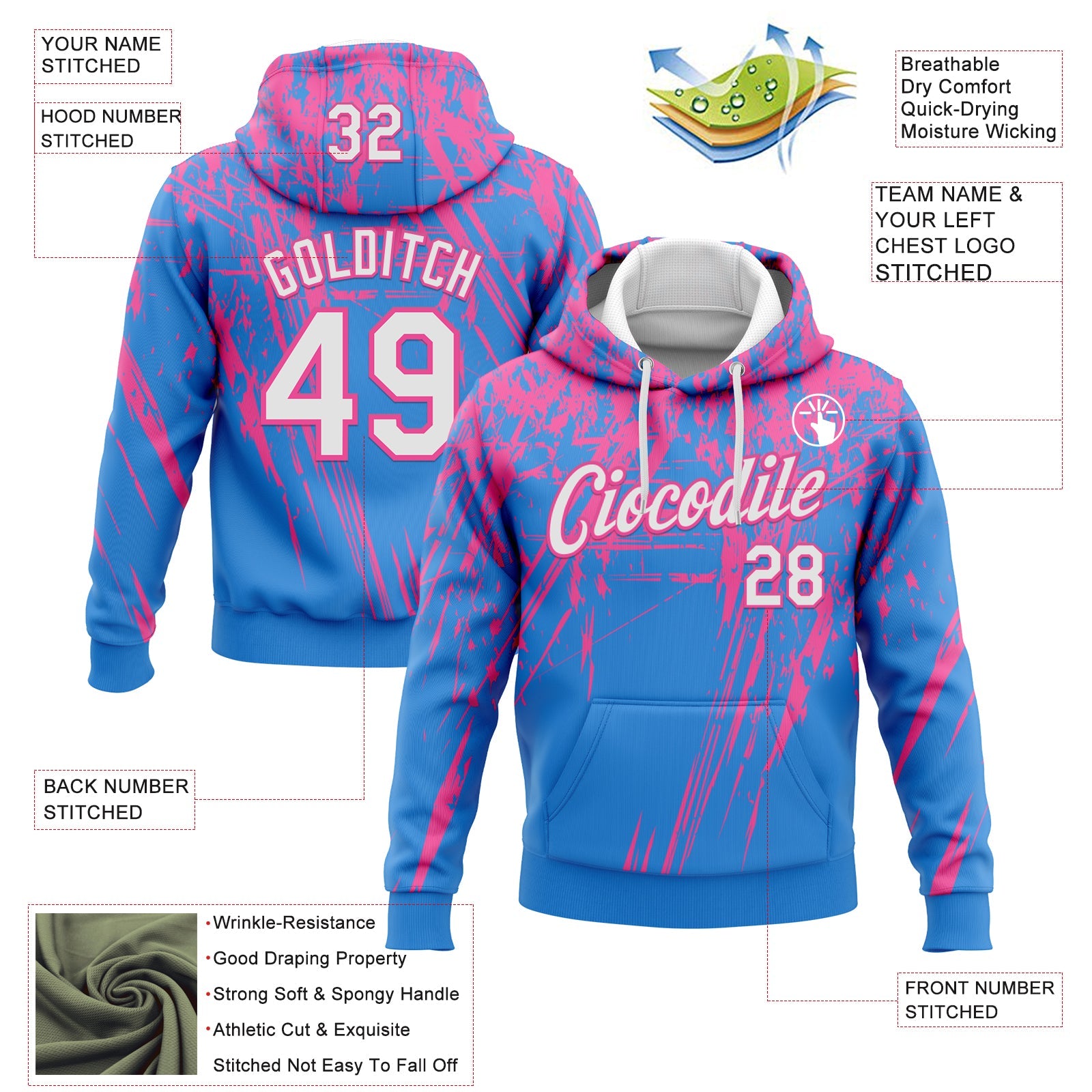 Custom Stitched Powder Blue White-Pink 3D Pattern Design Splash Grunge Art Sports Pullover Sweatshirt Hoodie