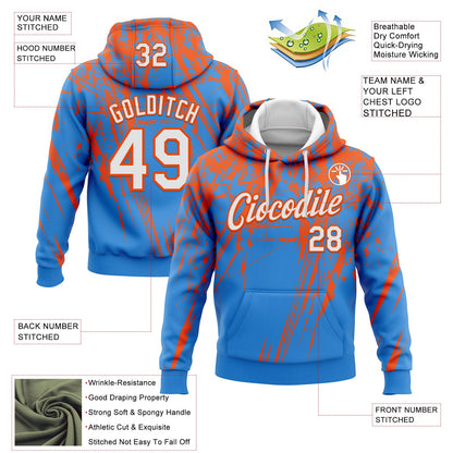 Custom Stitched Powder Blue White-Orange 3D Pattern Design Splash Grunge Art Sports Pullover Sweatshirt Hoodie