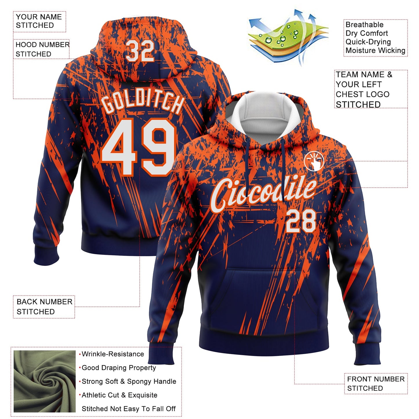 Custom Stitched Navy White-Orange 3D Pattern Design Splash Grunge Art Sports Pullover Sweatshirt Hoodie