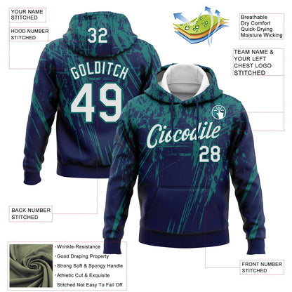 Custom Stitched Navy White-Teal 3D Pattern Design Splash Grunge Art Sports Pullover Sweatshirt Hoodie