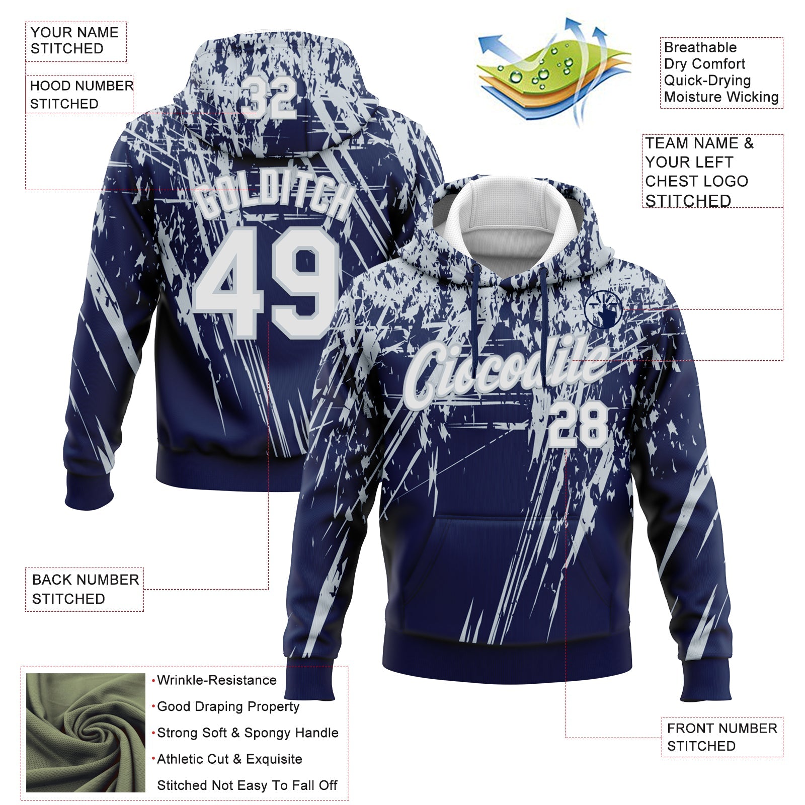 Custom Stitched Navy White-Silver 3D Pattern Design Splash Grunge Art Sports Pullover Sweatshirt Hoodie