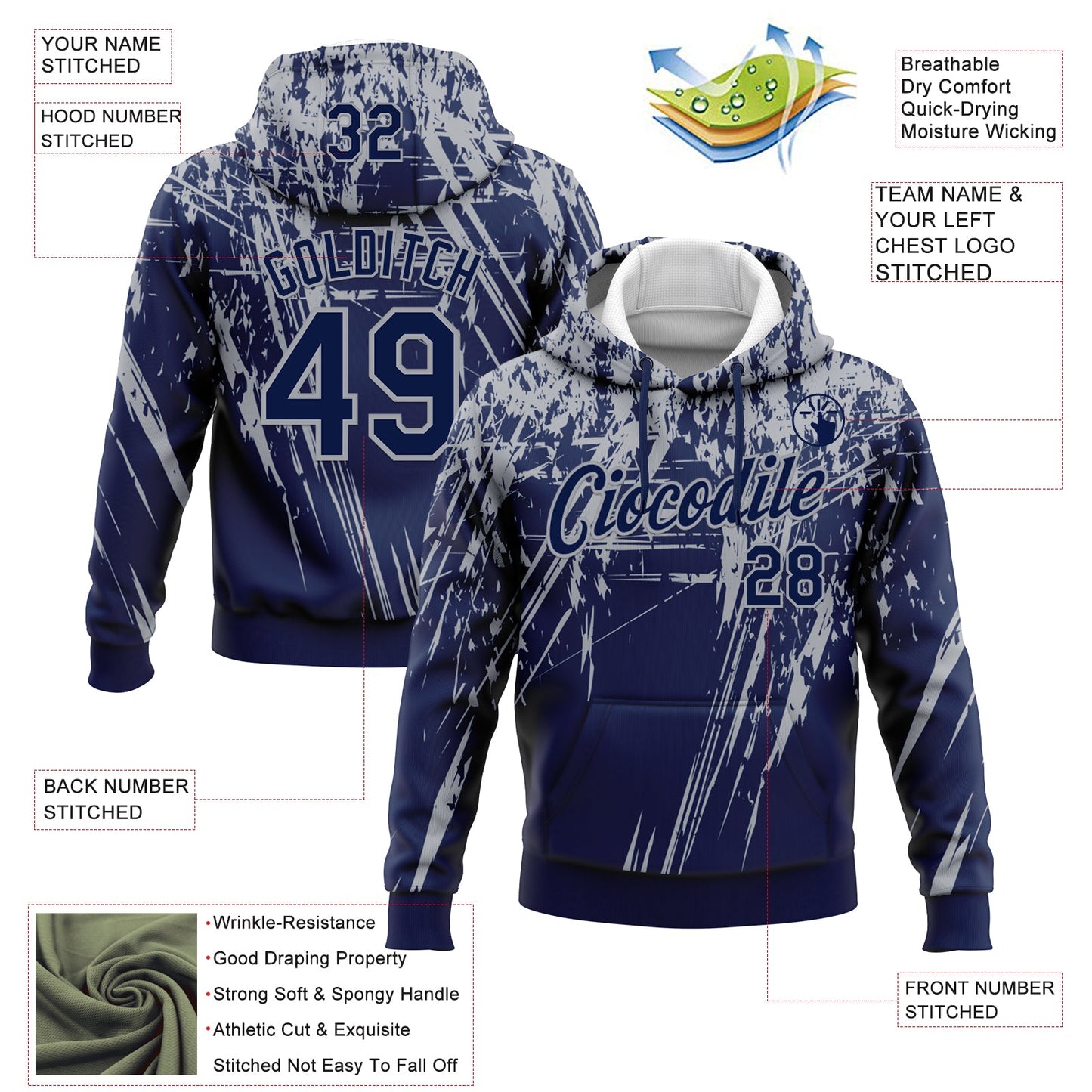 Custom Stitched Navy Gray 3D Pattern Design Splash Grunge Art Sports Pullover Sweatshirt Hoodie