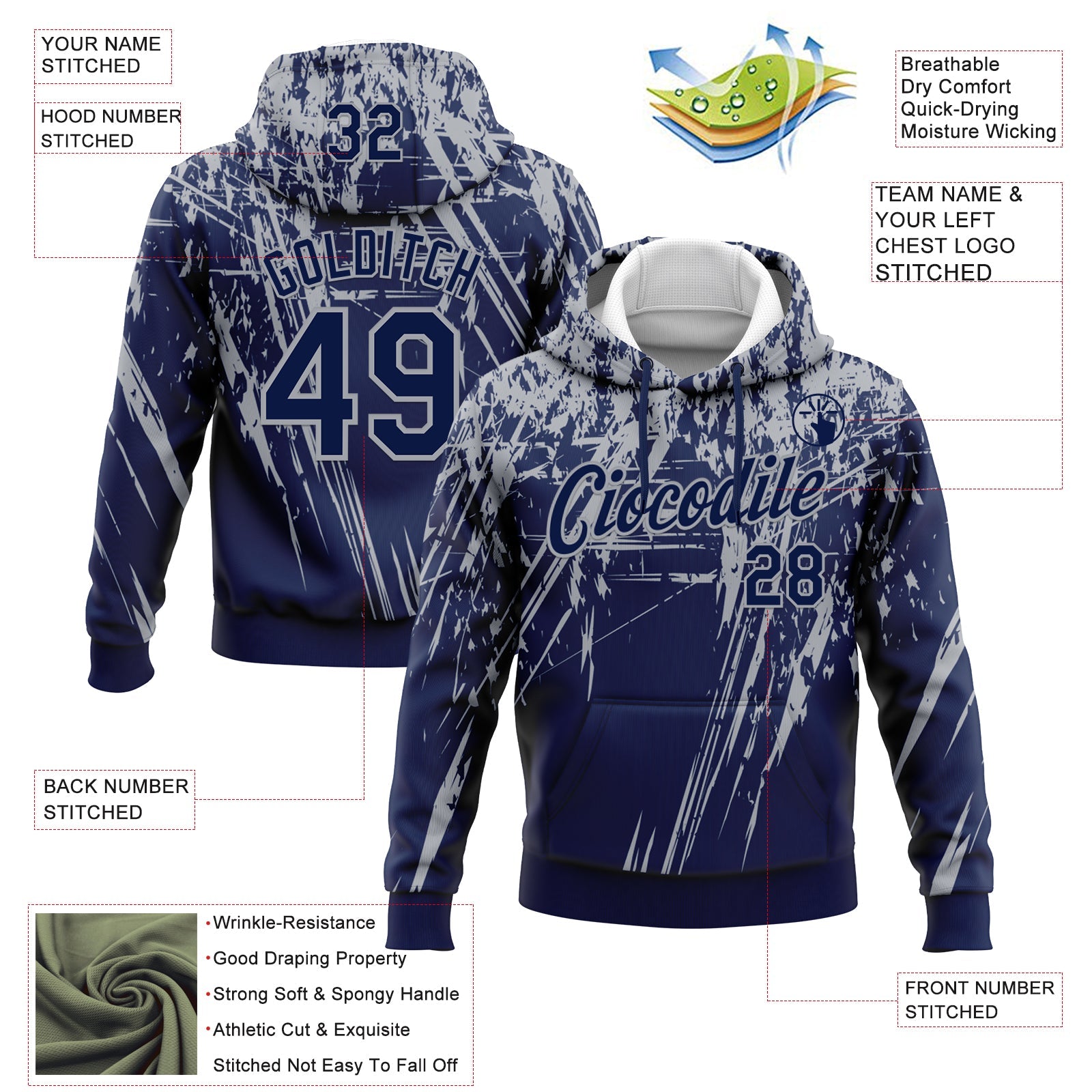 Custom Stitched Navy Gray 3D Pattern Design Splash Grunge Art Sports Pullover Sweatshirt Hoodie
