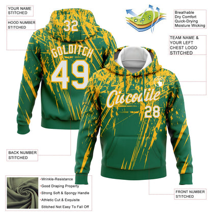 Custom Stitched Kelly Green White-Gold 3D Pattern Design Splash Grunge Art Sports Pullover Sweatshirt Hoodie