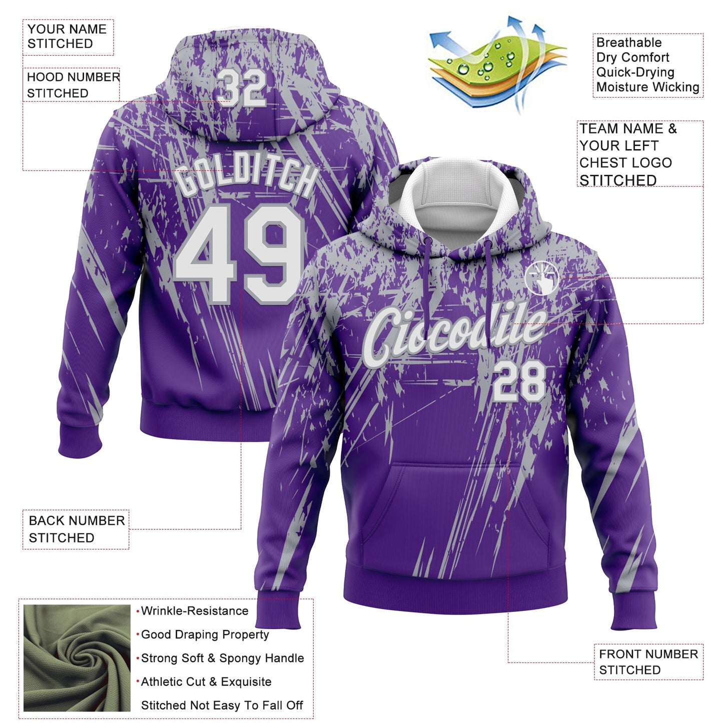 Custom Stitched Purple White-Gray 3D Pattern Design Splash Grunge Art Sports Pullover Sweatshirt Hoodie