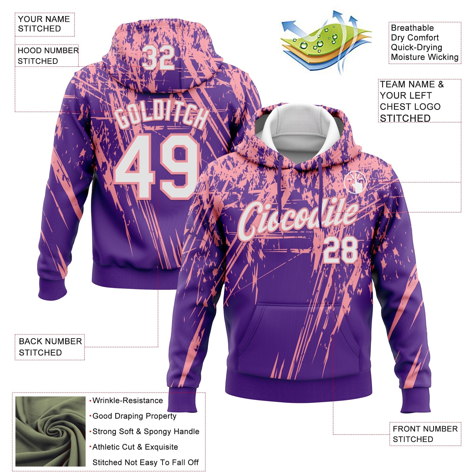 Custom Stitched Purple White-Medium Pink 3D Pattern Design Splash Grunge Art Sports Pullover Sweatshirt Hoodie