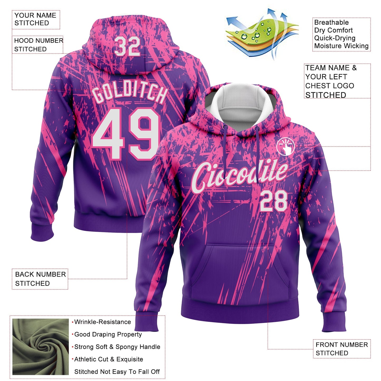 Custom Stitched Purple White-Pink 3D Pattern Design Splash Grunge Art Sports Pullover Sweatshirt Hoodie