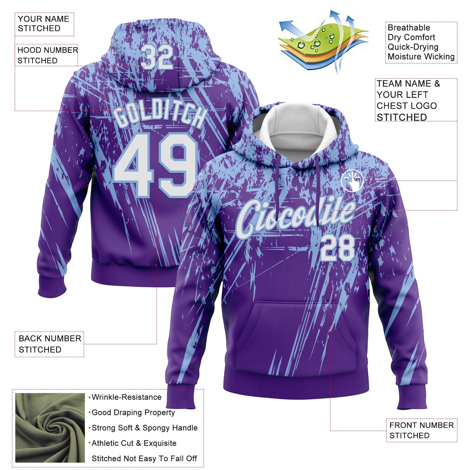 Custom Stitched Purple White-Light Blue 3D Pattern Design Splash Grunge Art Sports Pullover Sweatshirt Hoodie