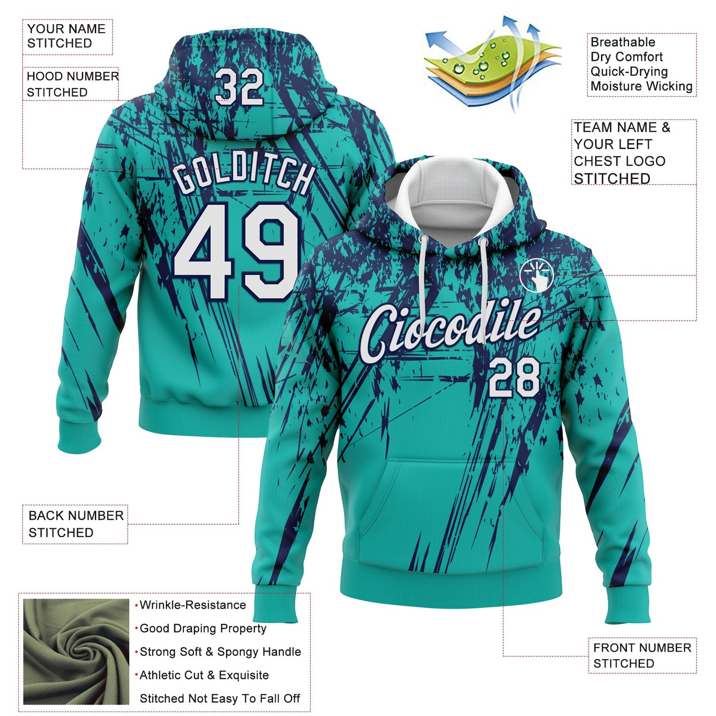 Custom Stitched Aqua White-Navy 3D Pattern Design Splash Grunge Art Sports Pullover Sweatshirt Hoodie