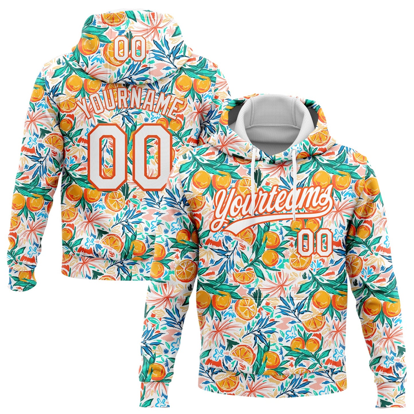 Custom Stitched White Orange 3D Pattern Design Fruit Sports Pullover Sweatshirt Hoodie