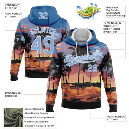 Custom Stitched Blue Light Blue-White 3D Hawaii Palm Trees Sports Pullover Sweatshirt Hoodie