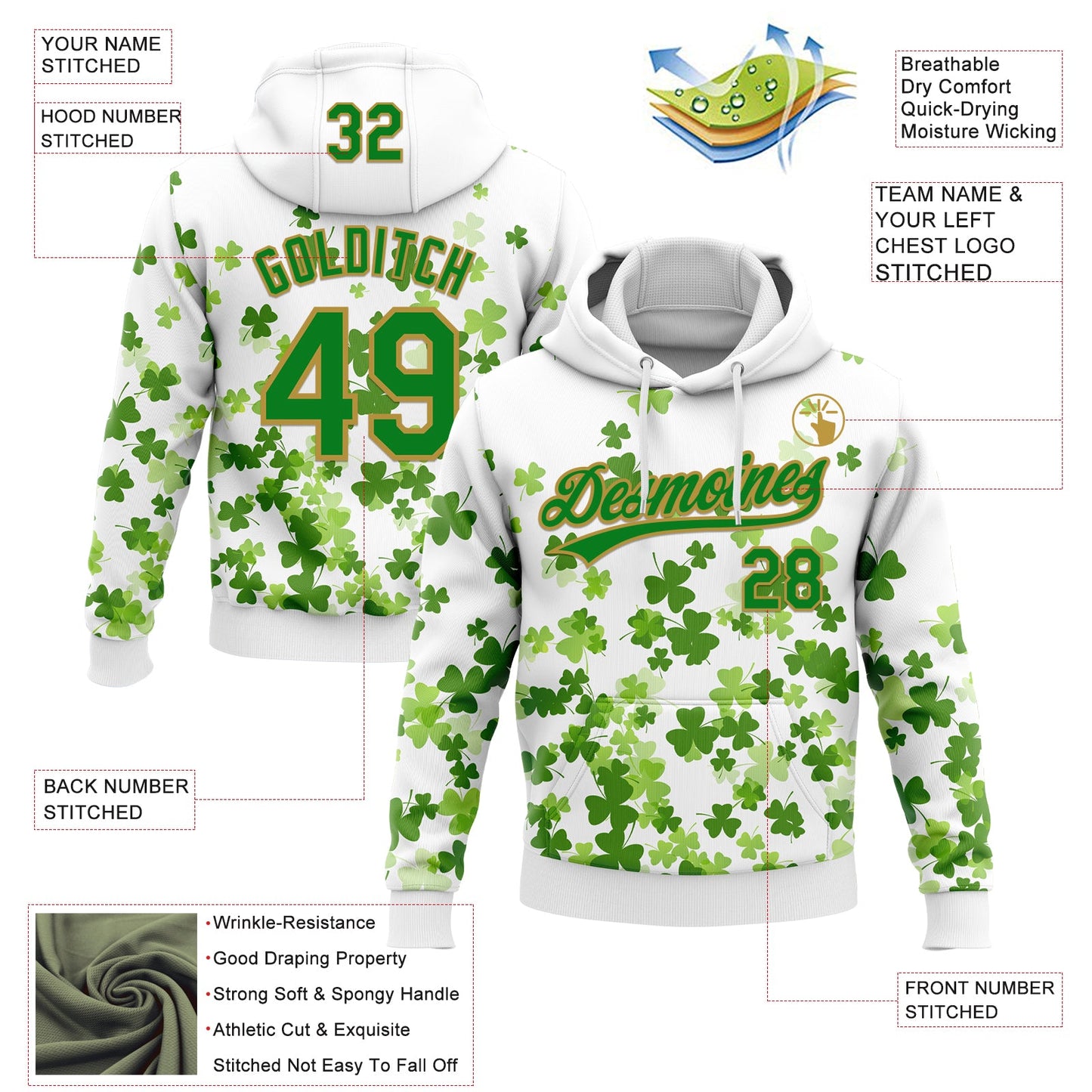 Custom Stitched White Grass Green-Old Gold 3D Pattern Design St. Patrick's Day Shamrock Sports Pullover Sweatshirt Hoodie