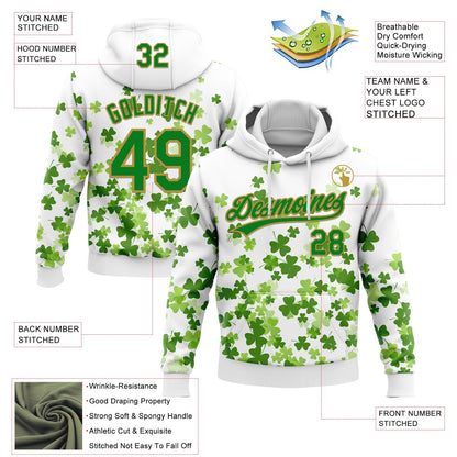 Custom Stitched White Grass Green-Old Gold 3D Pattern Design St. Patrick's Day Shamrock Sports Pullover Sweatshirt Hoodie