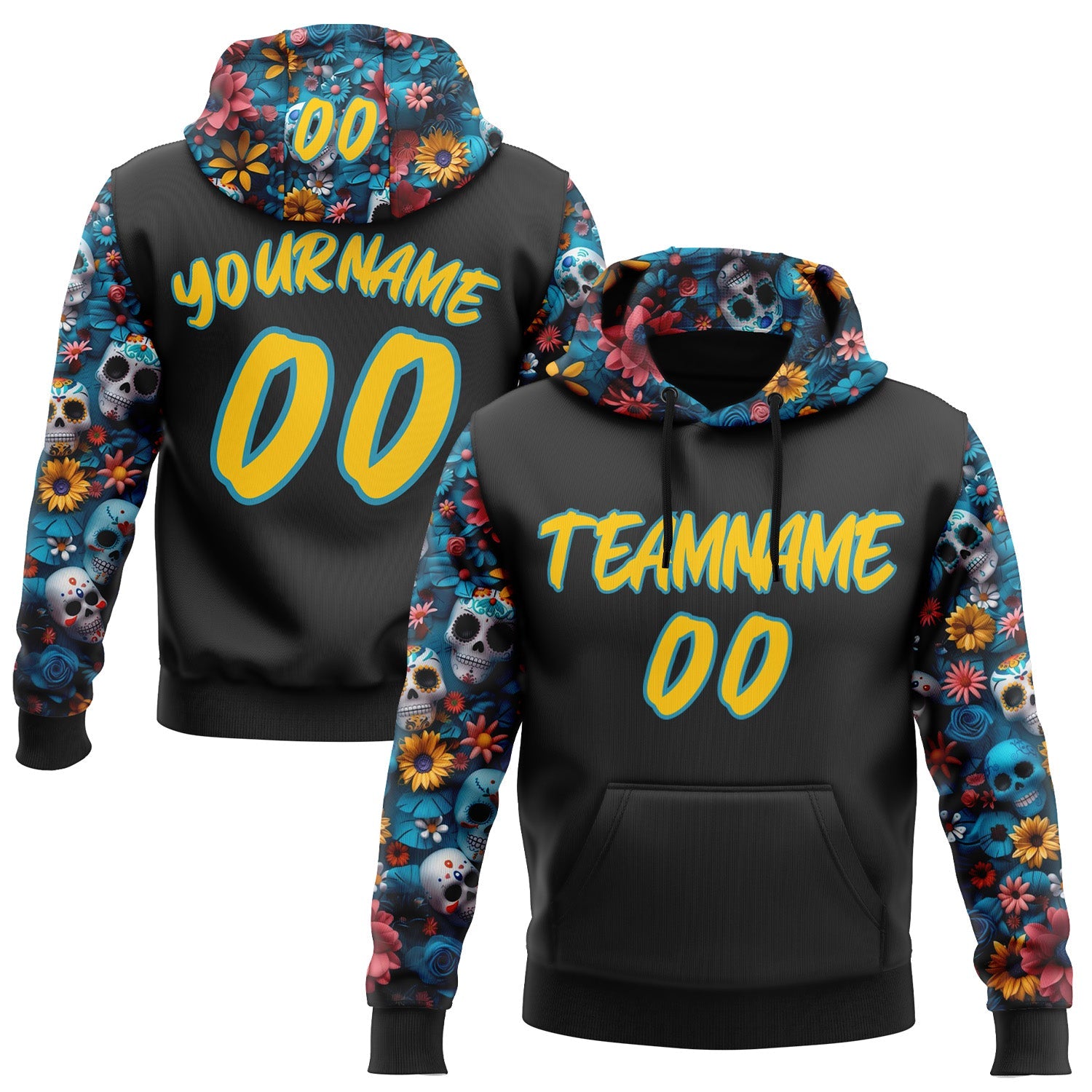 Custom Black Yellow-Panther Blue 3D Skull Calavera Day Of The Dead Dia de los Muertos Sports Pullover Sweatshirt Hoodie