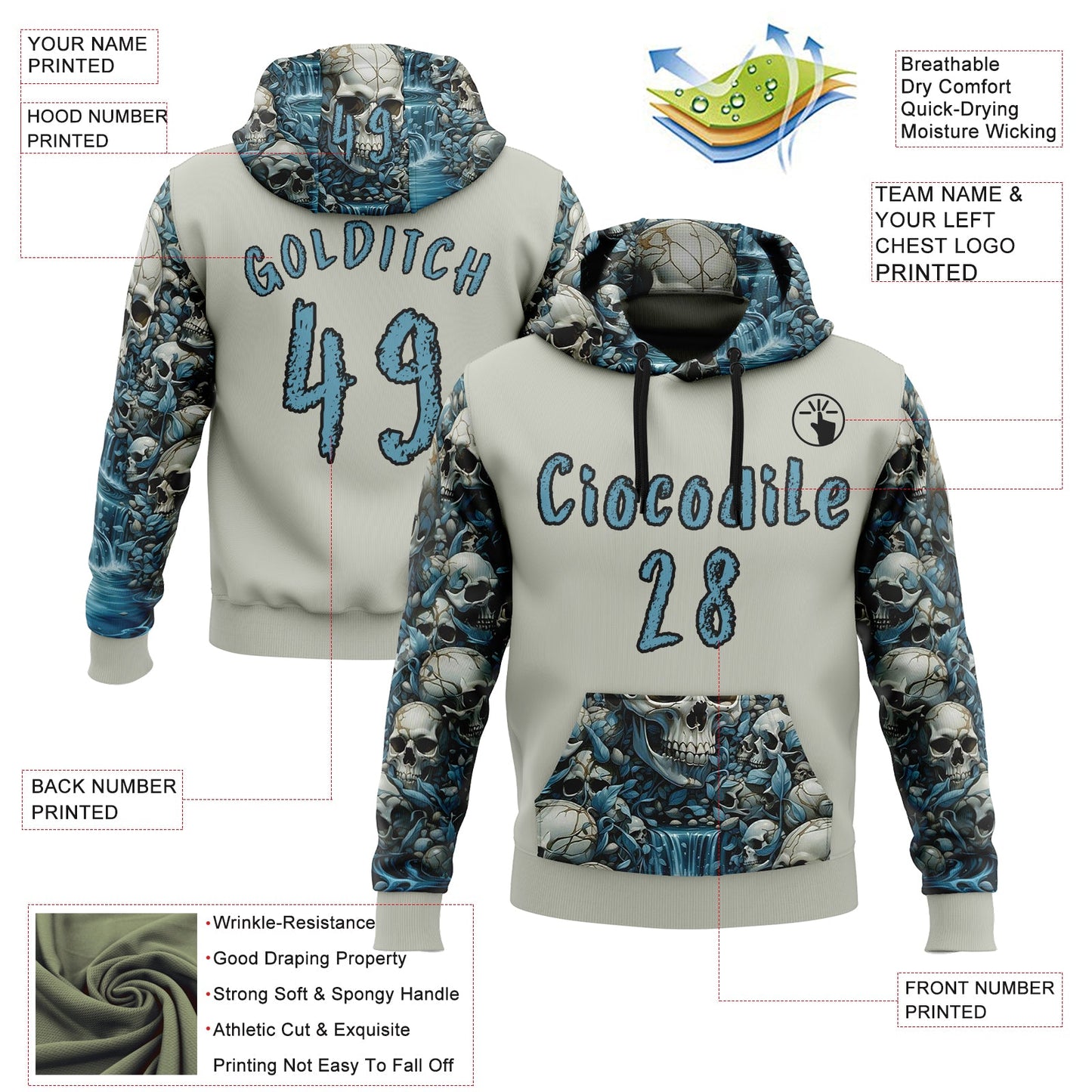 Custom Gray Shadow Blue-Black 3D Skull Floral Sports Pullover Sweatshirt Hoodie