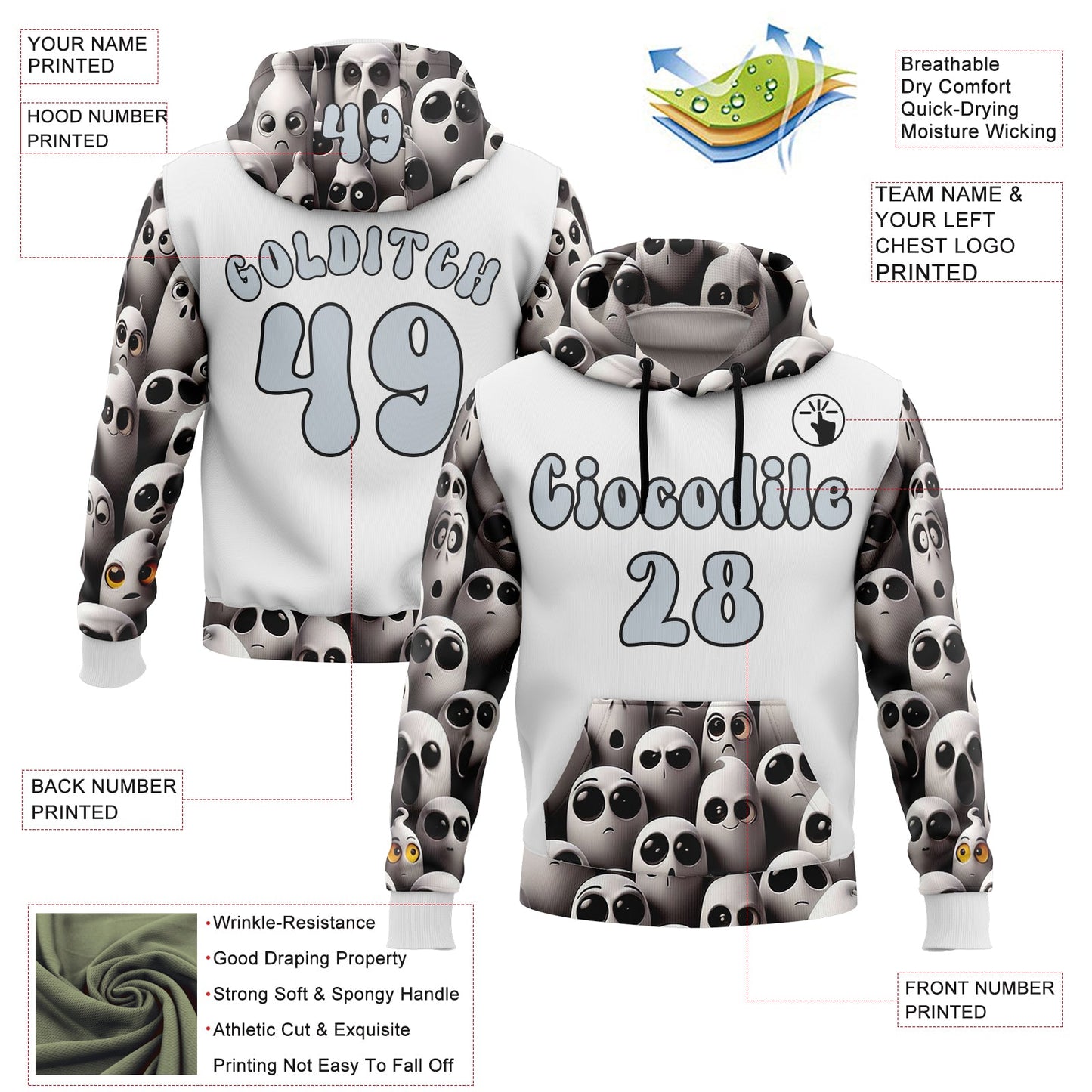 Custom White Silver-Black 3D Skull Funny Soul Sports Pullover Sweatshirt Hoodie