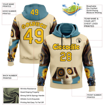 Custom Cream Yellow-Black 3D Skull Sunflower Calavera Day Of The Dead Dia de los Muertos Sports Pullover Sweatshirt Hoodie