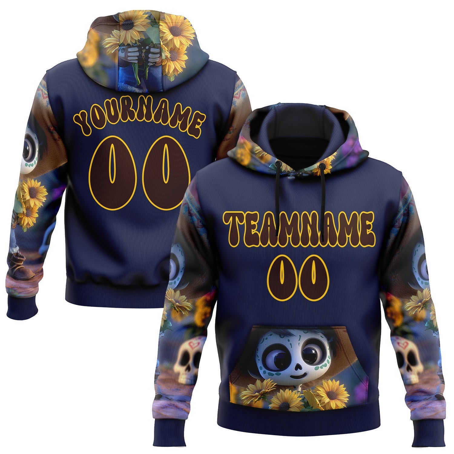 Custom Blue Brown-Yellow 3D Skull Sunflower Day Of The Dead Dia de los Muertos Sports Pullover Sweatshirt Hoodie