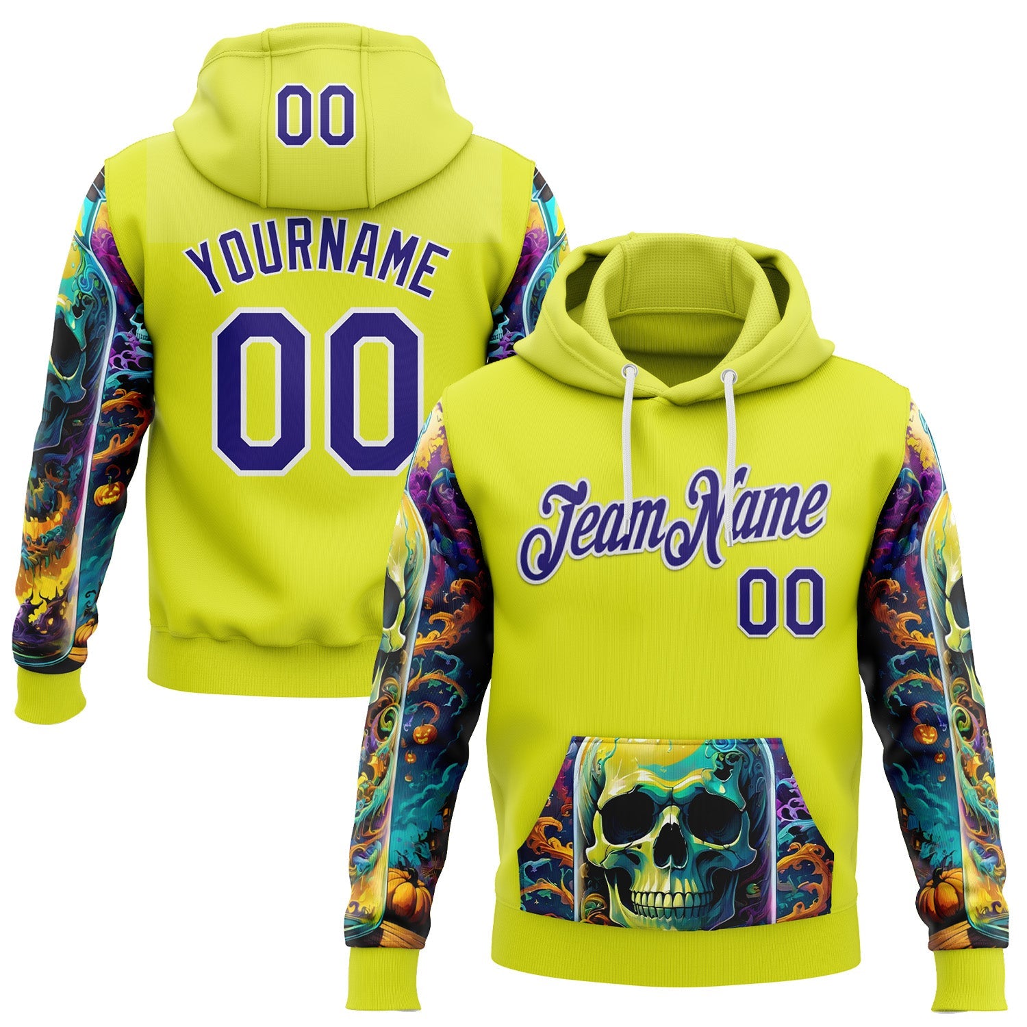 Custom Neon Yellow Dark Purple-White 3D Skull Psychedelic Sports Pullover Sweatshirt Hoodie