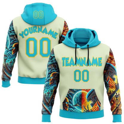 Custom Green Lakes Blue-Yellow 3D Skull Alien Sports Pullover Sweatshirt Hoodie