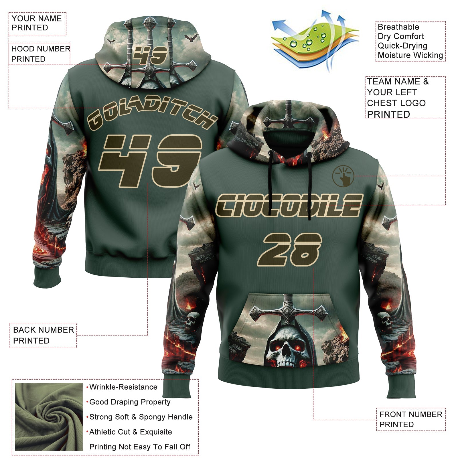 Custom Green Olive-City Cream 3D Skull Hell Cross Sports Pullover Sweatshirt Hoodie