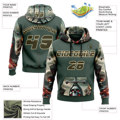 Custom Green Olive-City Cream 3D Skull Hell Cross Sports Pullover Sweatshirt Hoodie