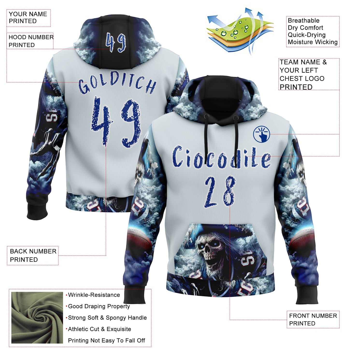 Custom Silver Royal-White 3D Skull Pirate Sports Pullover Sweatshirt Hoodie