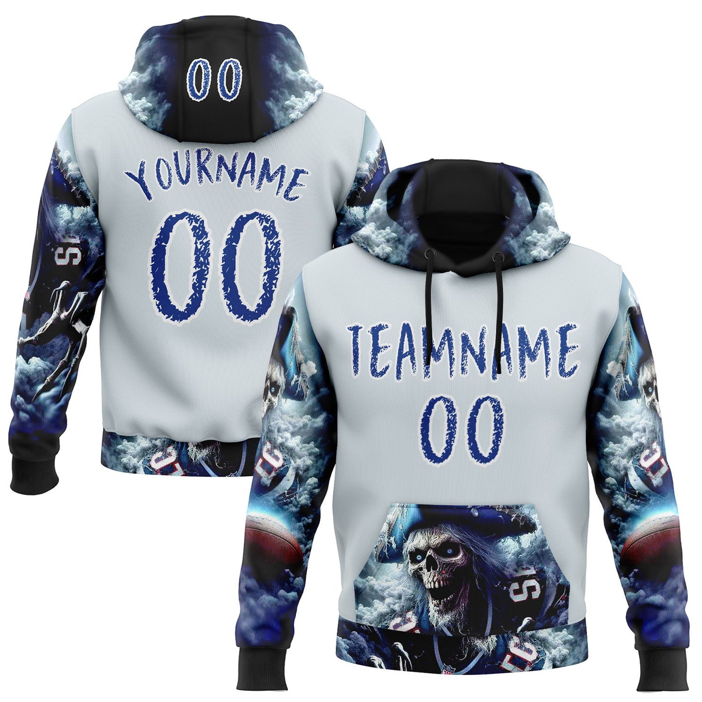 Custom Silver Royal-White 3D Skull Pirate Sports Pullover Sweatshirt Hoodie