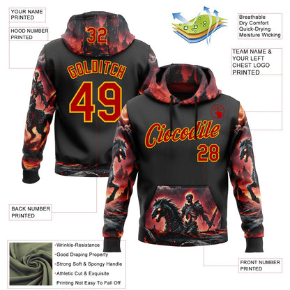 Custom Black Red-Yellow 3D Skull Flame Knight Sports Pullover Sweatshirt Hoodie
