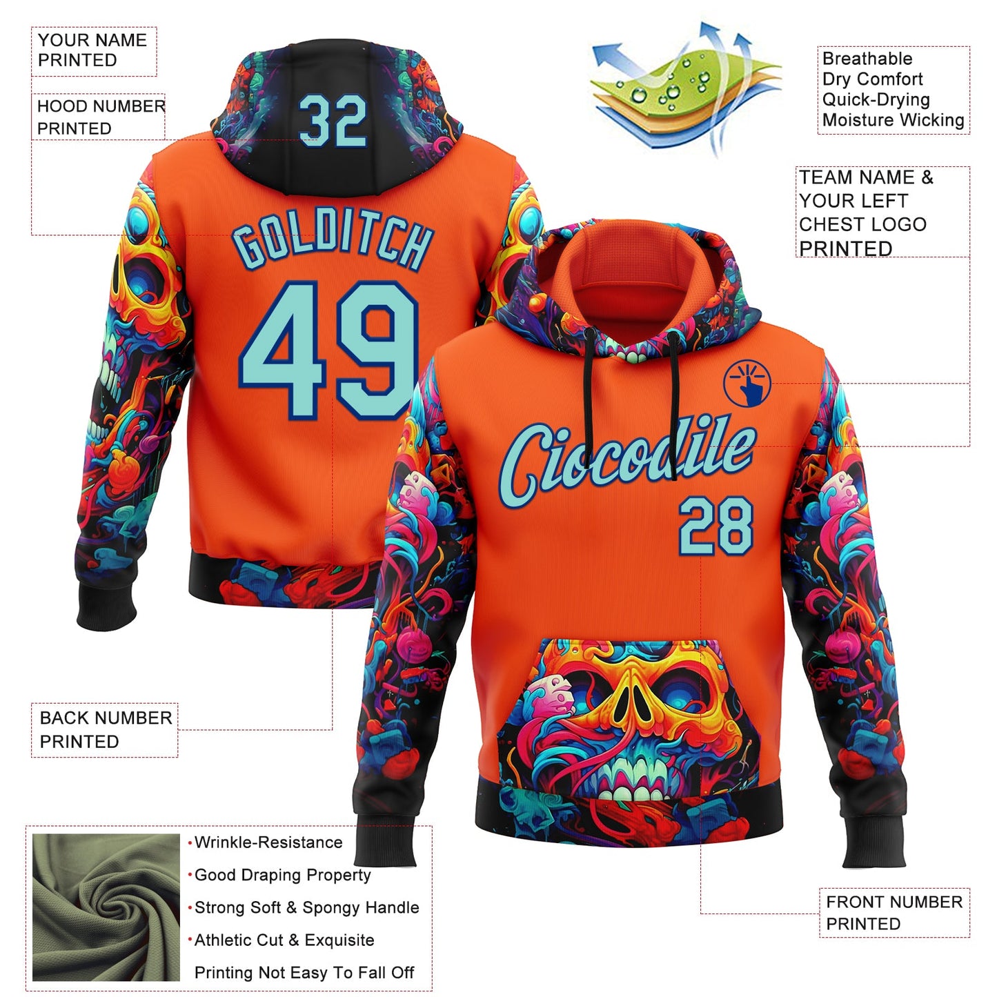 Custom Orange Ice Blue-Royal 3D Skull Chromatic Sports Pullover Sweatshirt Hoodie
