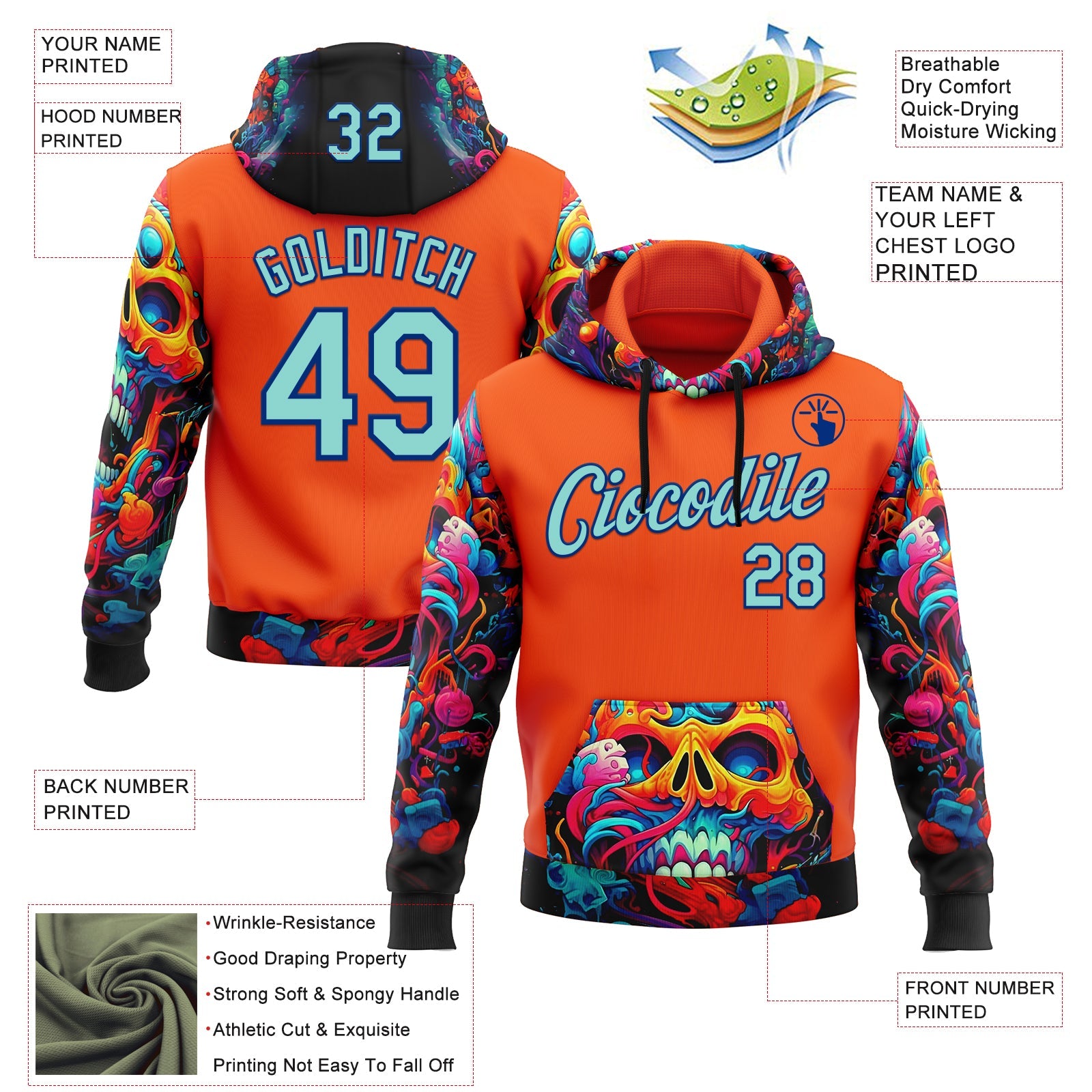 Custom Orange Ice Blue-Royal 3D Skull Chromatic Sports Pullover Sweatshirt Hoodie