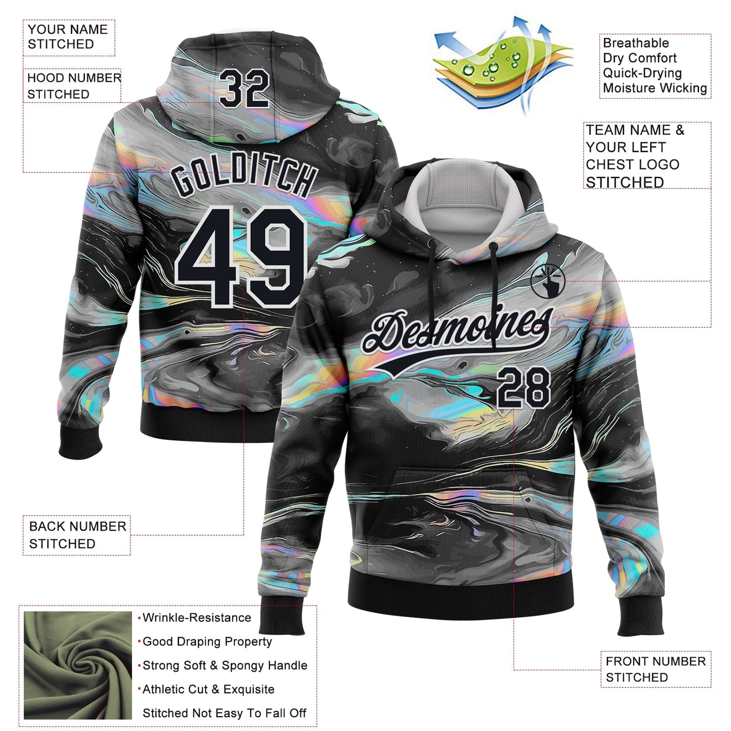 Custom Stitched Black White 3D Pattern Design Abstract Psychedelic Fluid Art Sports Pullover Sweatshirt Hoodie