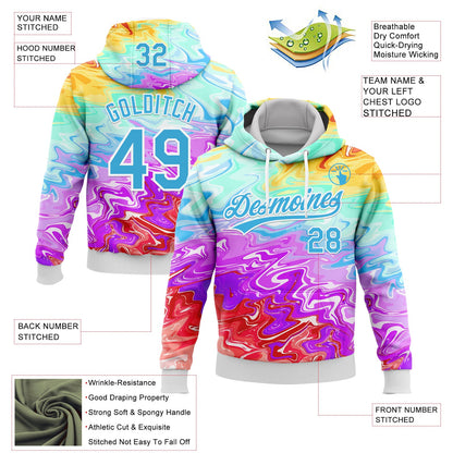 Custom Stitched White Sky Blue 3D Pattern Design Abstract Psychedelic Fluid Art Sports Pullover Sweatshirt Hoodie