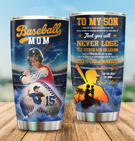 Baseball Mom -  Custom Photo - Name & Jersey Number -  Personalized 20oz Tumbler, Custom Choo