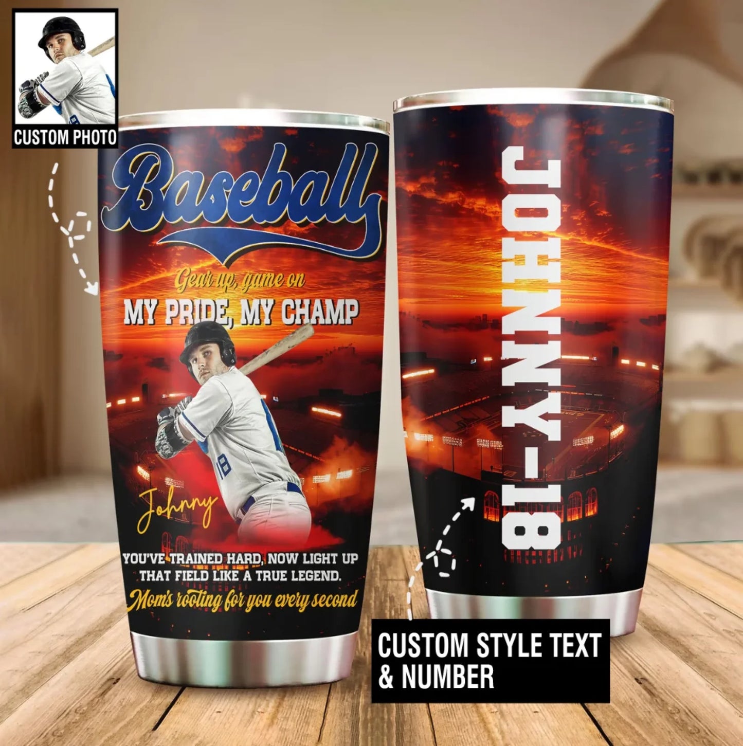Gear up, Game On, My Pride, My Champ - Custom Photo - Name & Jersey Number – Personalized 20oz Tumbler - Custom Choo