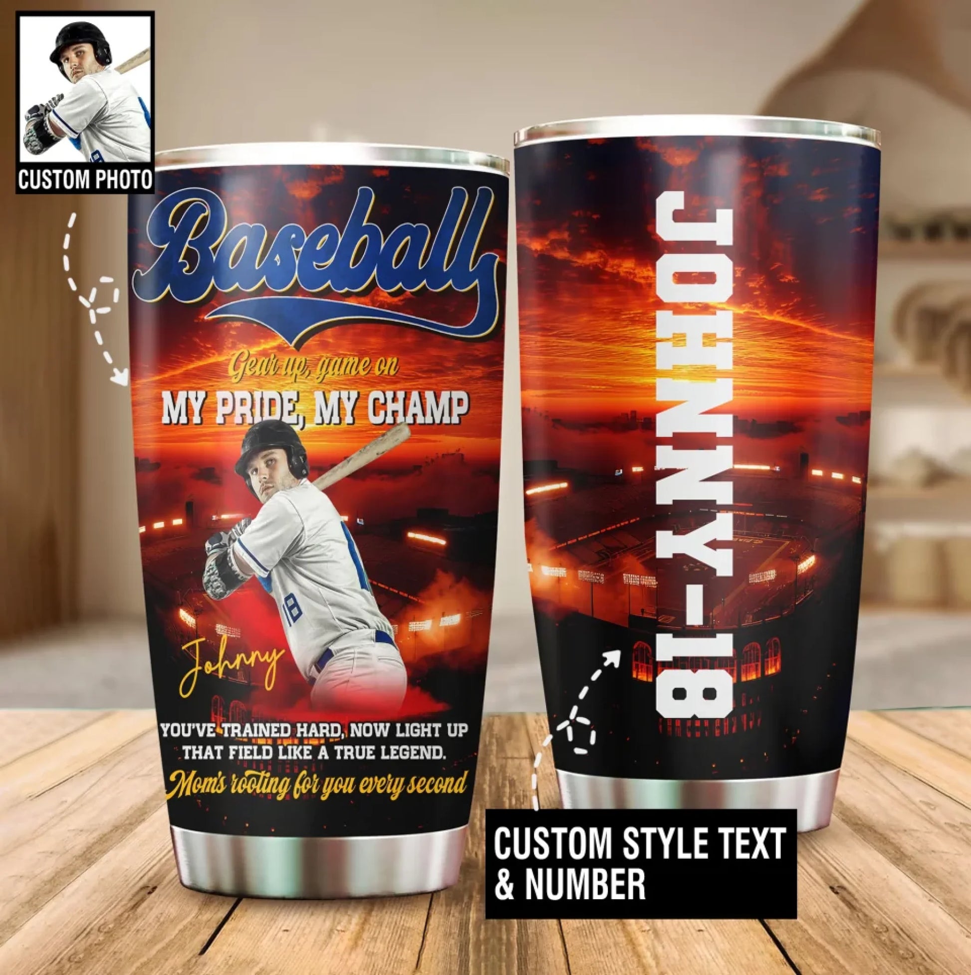 Gear up, Game On, My Pride, My Champ - Custom Photo - Name & Jersey Number – Personalized 20oz Tumbler - Custom Choo