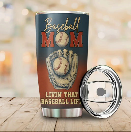 Vintage Baseball Mom Tumbler – Custom Name & Jersey Number – Livin’ That Baseball Life, Custom Choo