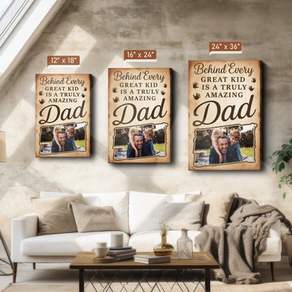 PERSONALIZED PHOTO POSTER - CANVAS, BEHIND EVERY GREAT KID IS A TRULY AMAZING DAD, Custom Choo