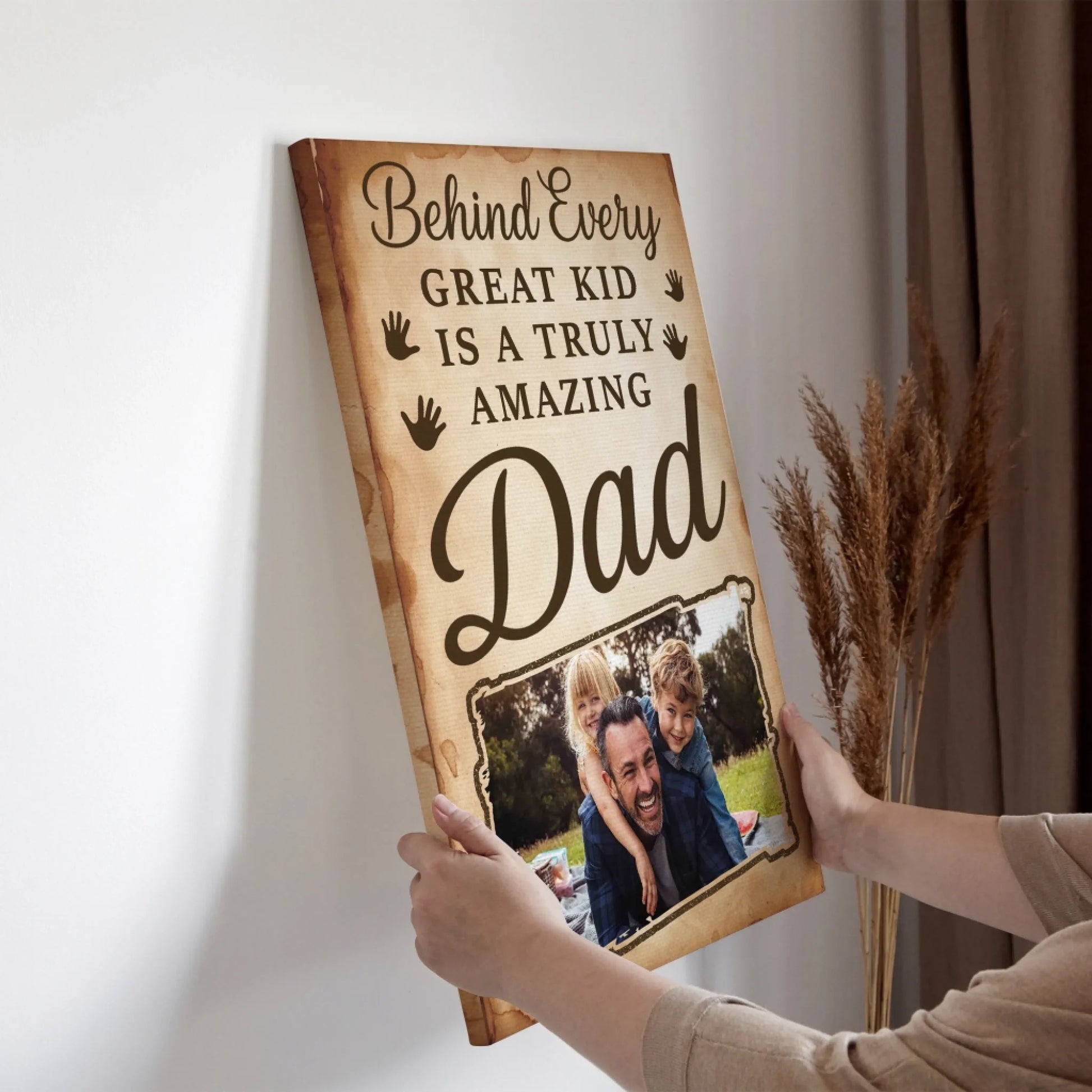 PERSONALIZED PHOTO POSTER - CANVAS, BEHIND EVERY GREAT KID IS A TRULY AMAZING DAD, Custom Choo