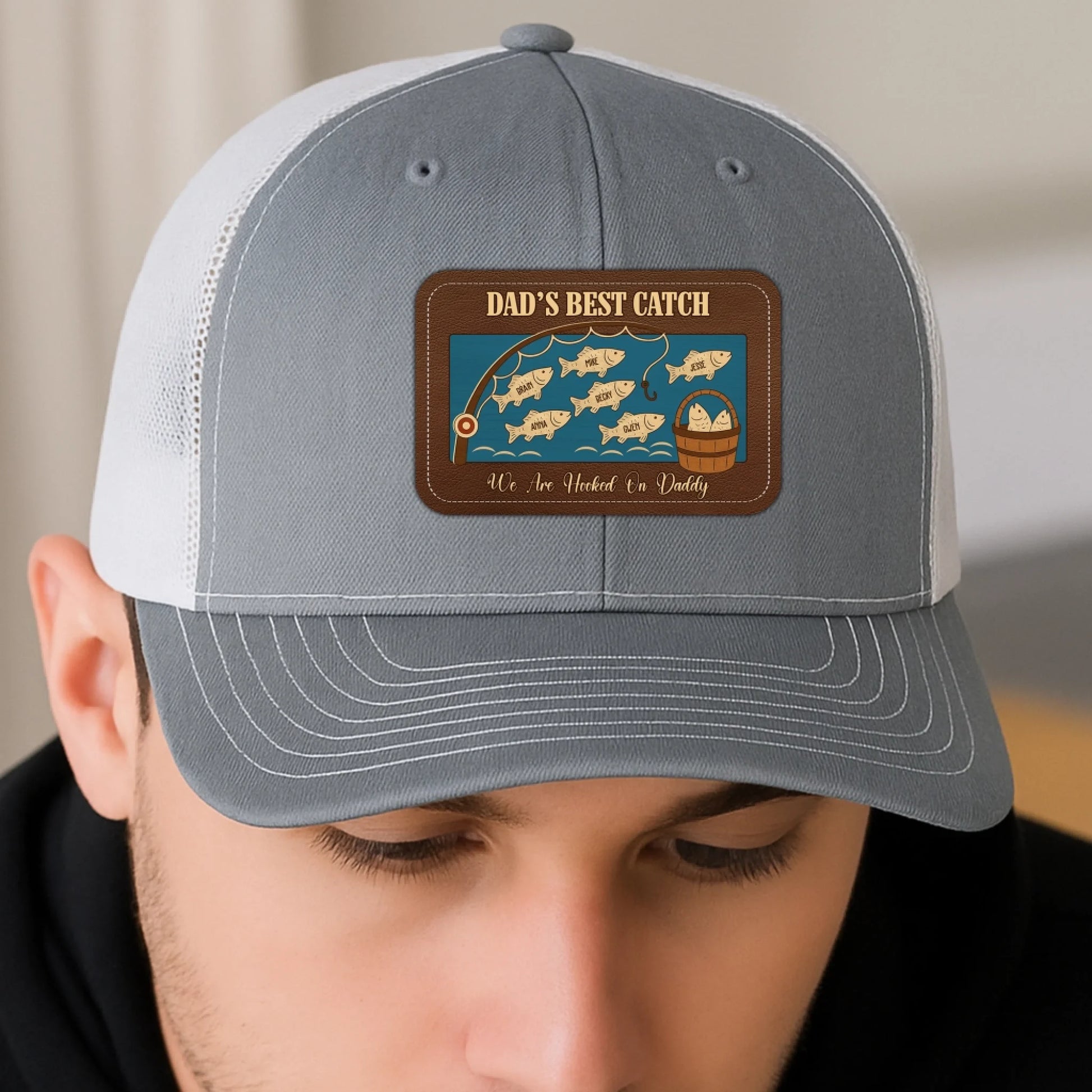 PERSONALIZED LEATHER PATCH HAT, DAD'S BEST CATCH, WE ARE HOOKED ON DADDY, Custom Choo