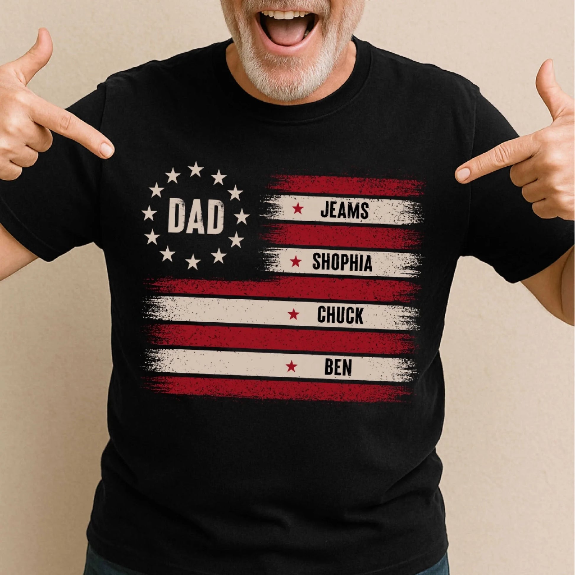 Custom Dad T-Shirt with Kids’ Names – Patriotic Flag Design - Custom Choo