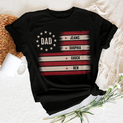 Custom Dad T-Shirt with Kids’ Names – Patriotic Flag Design - Custom Choo