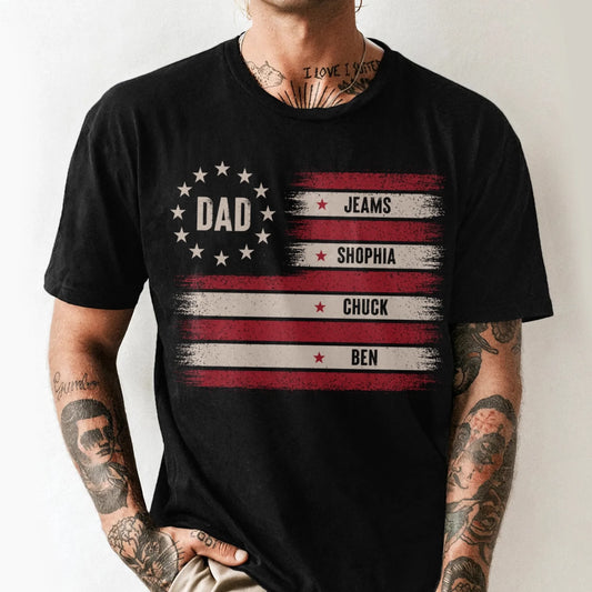 Custom Dad T-Shirt with Kids’ Names – Patriotic Flag Design, Custom Choo