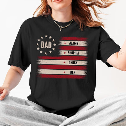 Custom Dad T-Shirt with Kids’ Names – Patriotic Flag Design - Custom Choo