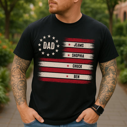 Custom Dad T-Shirt with Kids’ Names – Patriotic Flag Design - Custom Choo