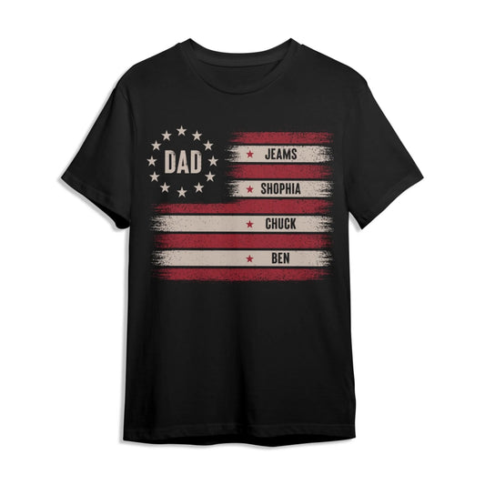 Custom Dad T-Shirt with Kids’ Names – Patriotic Flag Design - Custom Choo